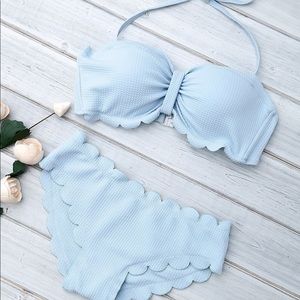 Baby blue scalloped bow bandeau bikini set